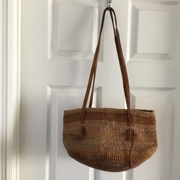 Vintage Handbags - African woven jute market bag with leather straps